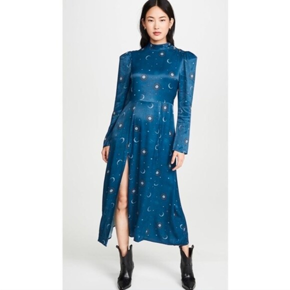 Rahi Moonlight Fallon Moon and Sun Print Blue Slit Long Sleeve Maxi Dress S NWT - Picture 1 of 9